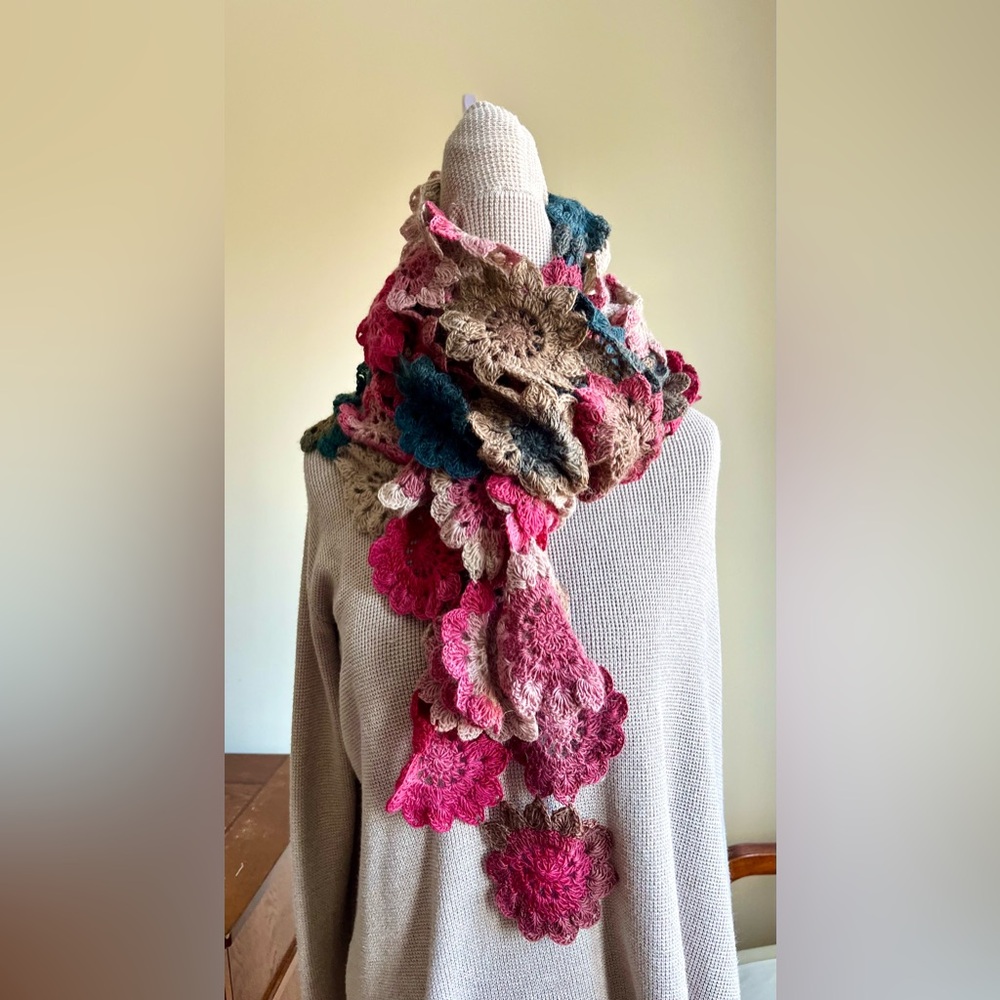 Handmade Brand New Multicolor Crochet Floral Scarf